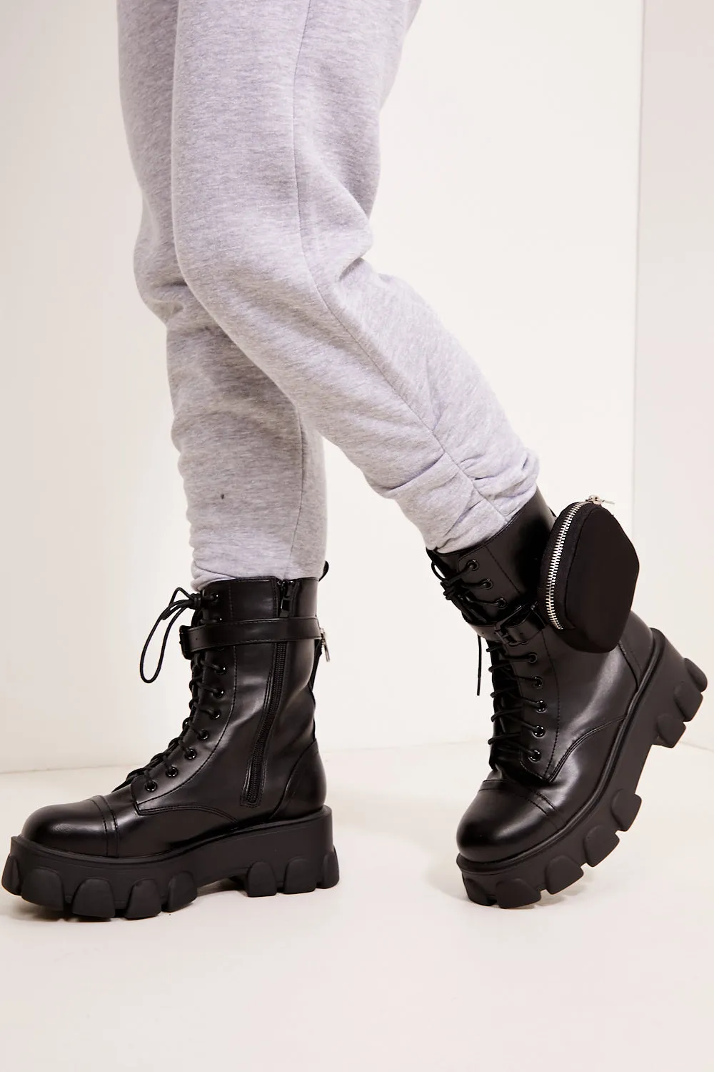 Black Chunky Pocket Detail Biker Ankle Boots