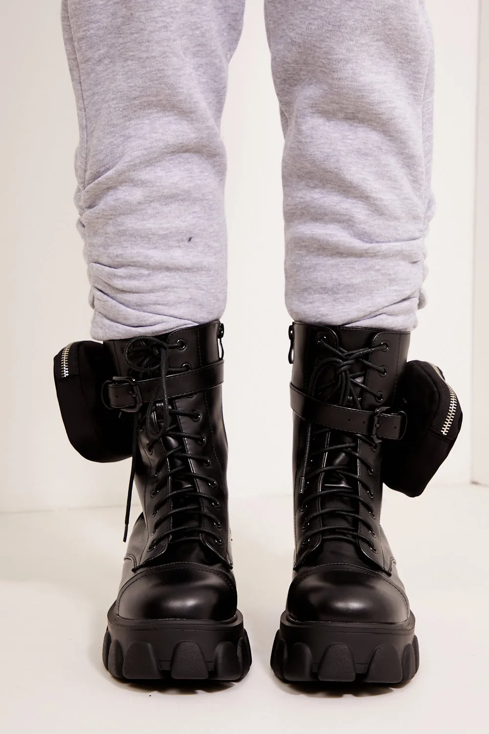 Black Chunky Pocket Detail Biker Ankle Boots