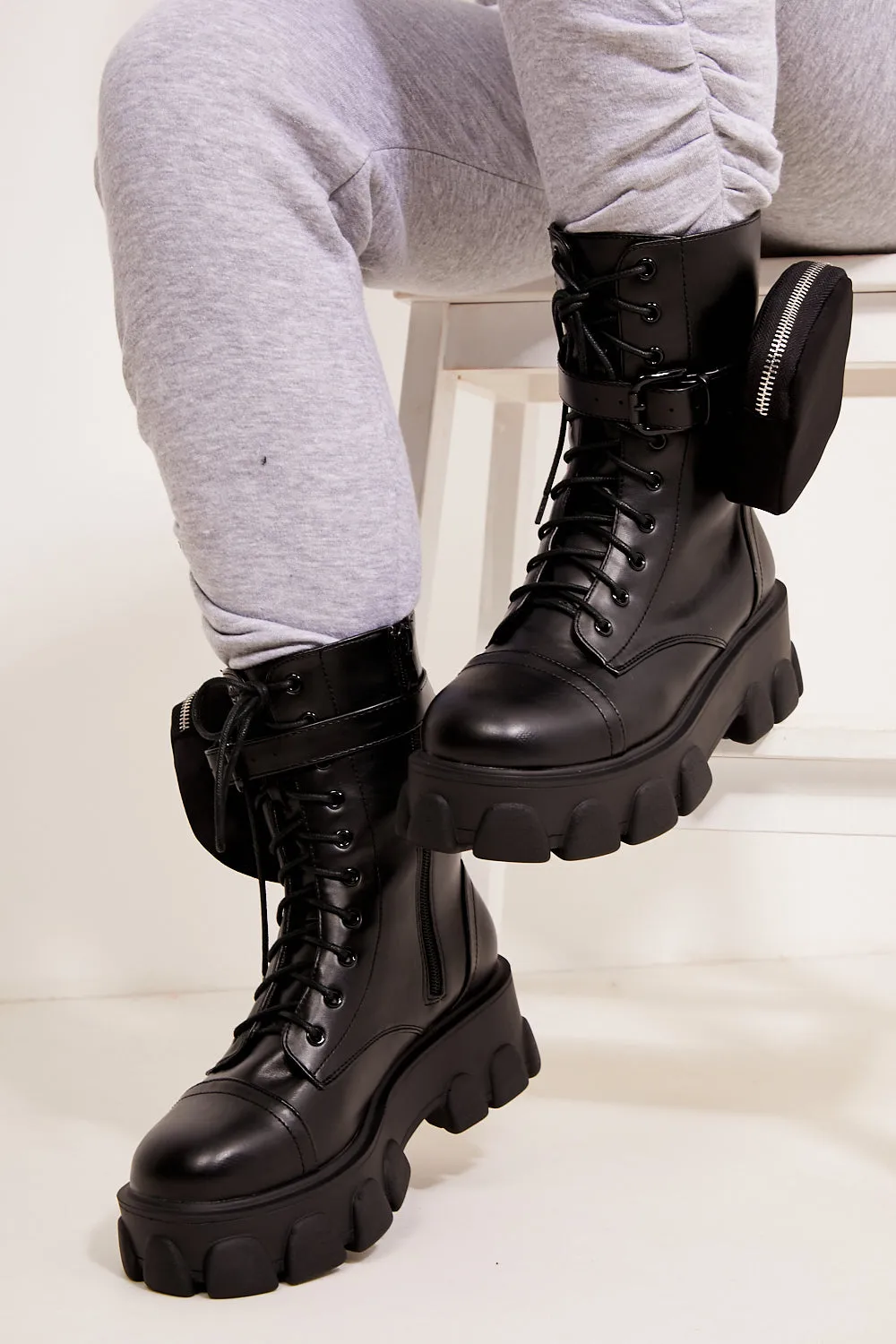 Black Chunky Pocket Detail Biker Ankle Boots