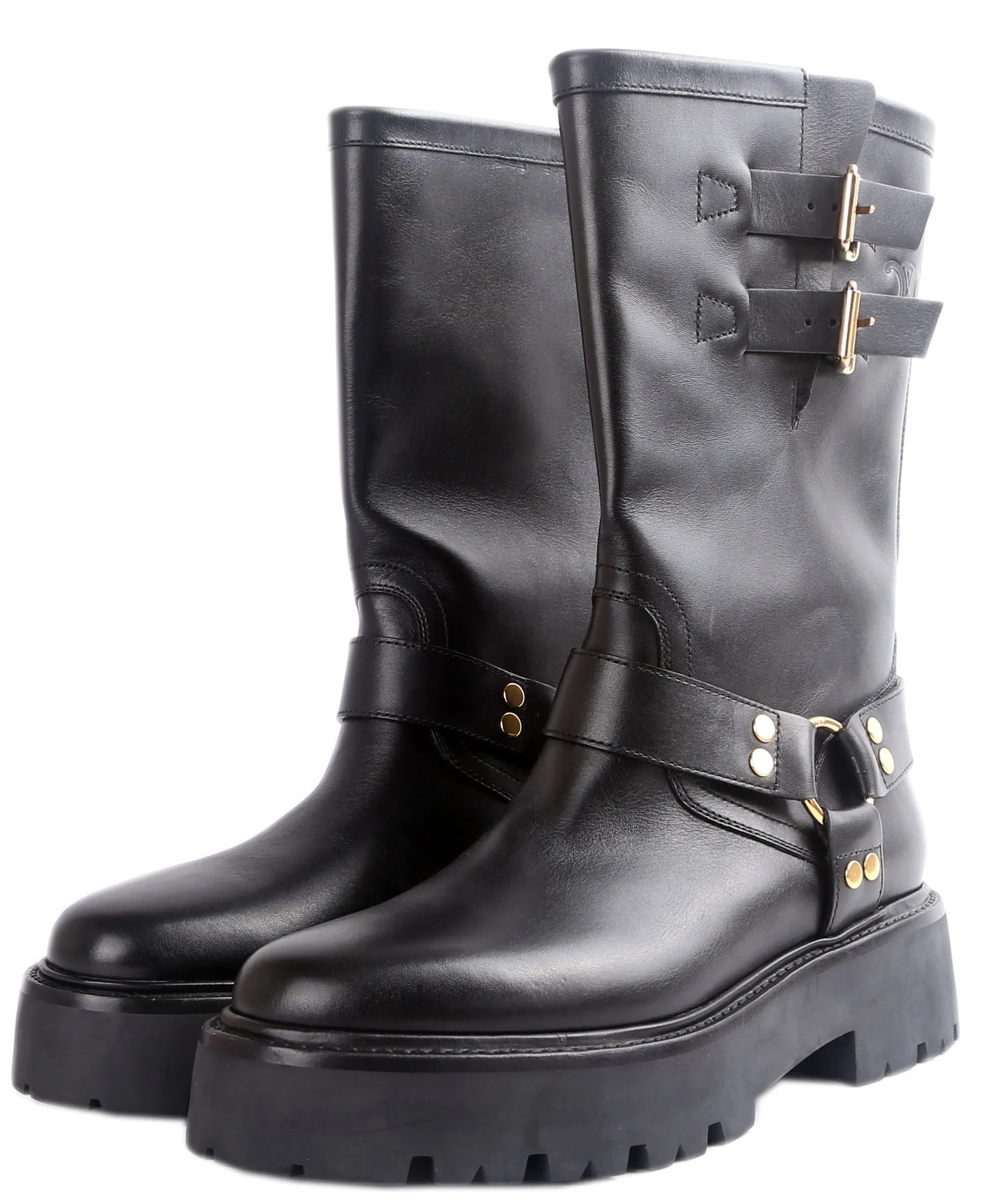 Calfskin Buckle Biker Boots Size 42