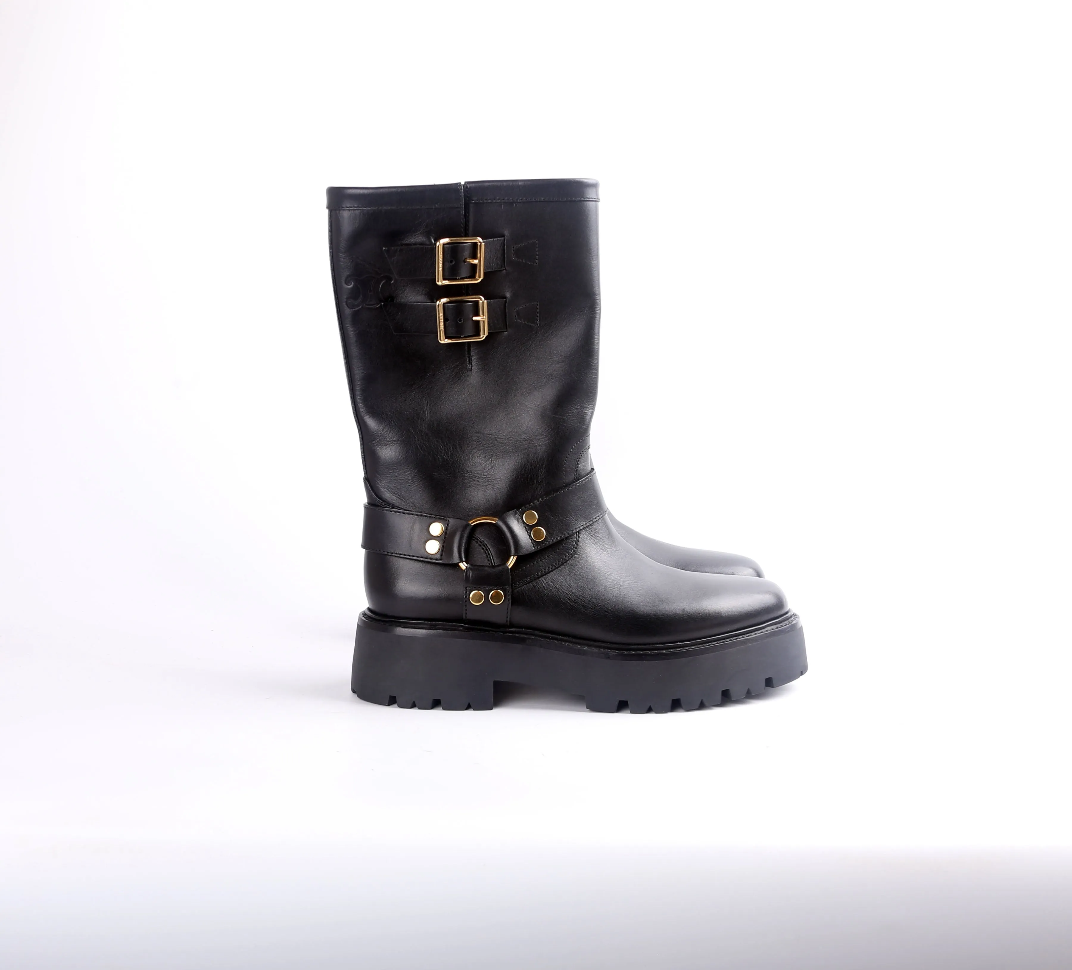 Calfskin Buckle Biker Boots Size 42
