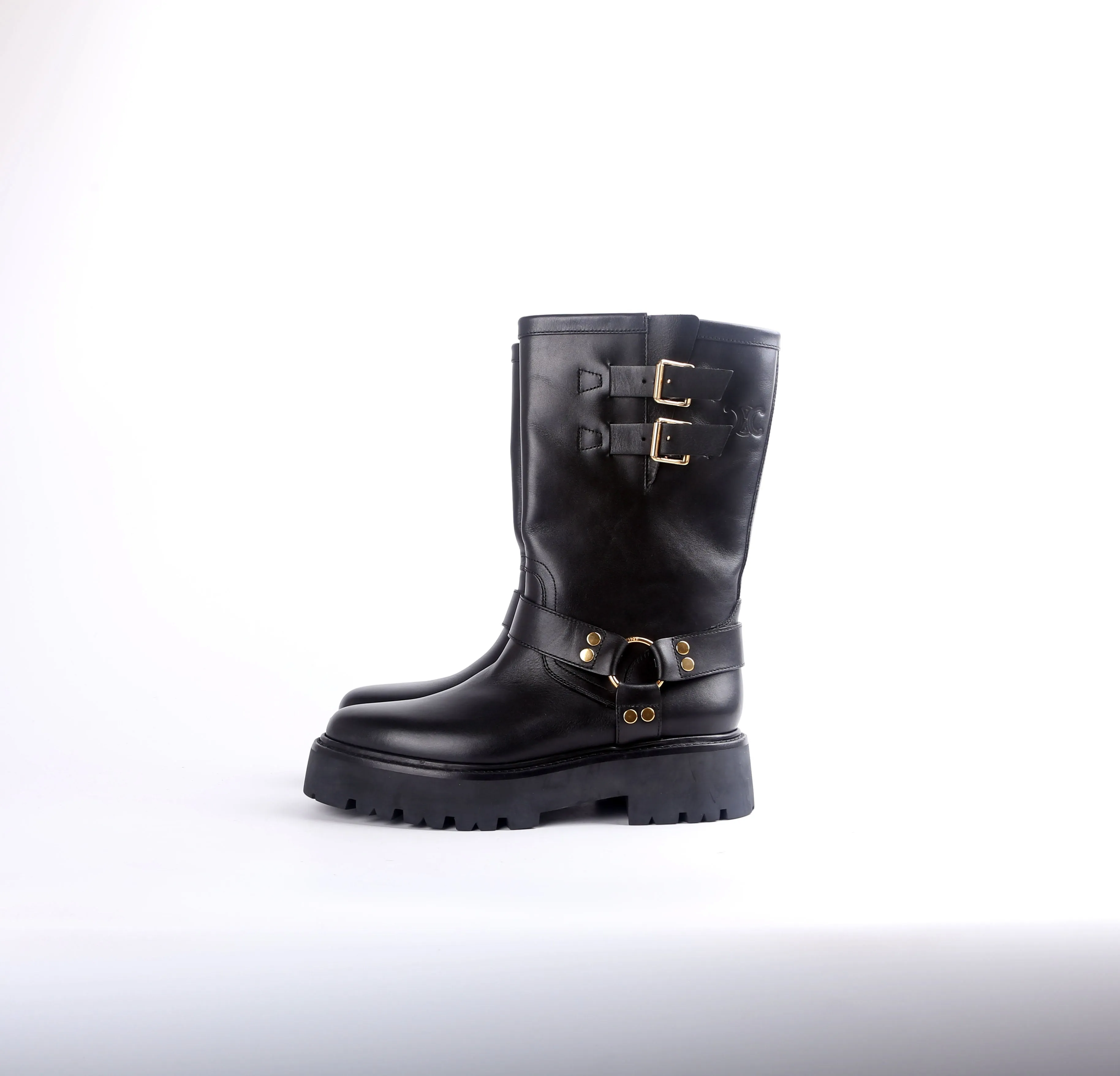 Calfskin Buckle Biker Boots Size 42