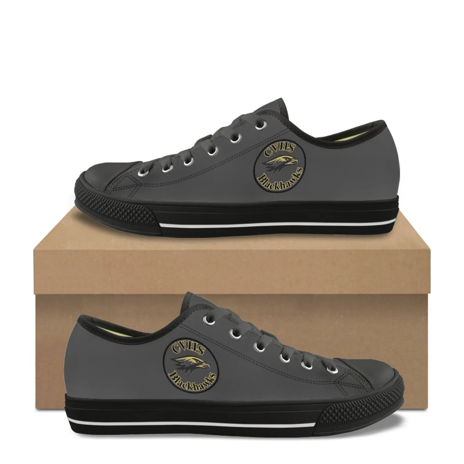 CVHS Blackhawk Circle Logo White & Charcoal Gray Low Top Canvas Shoes