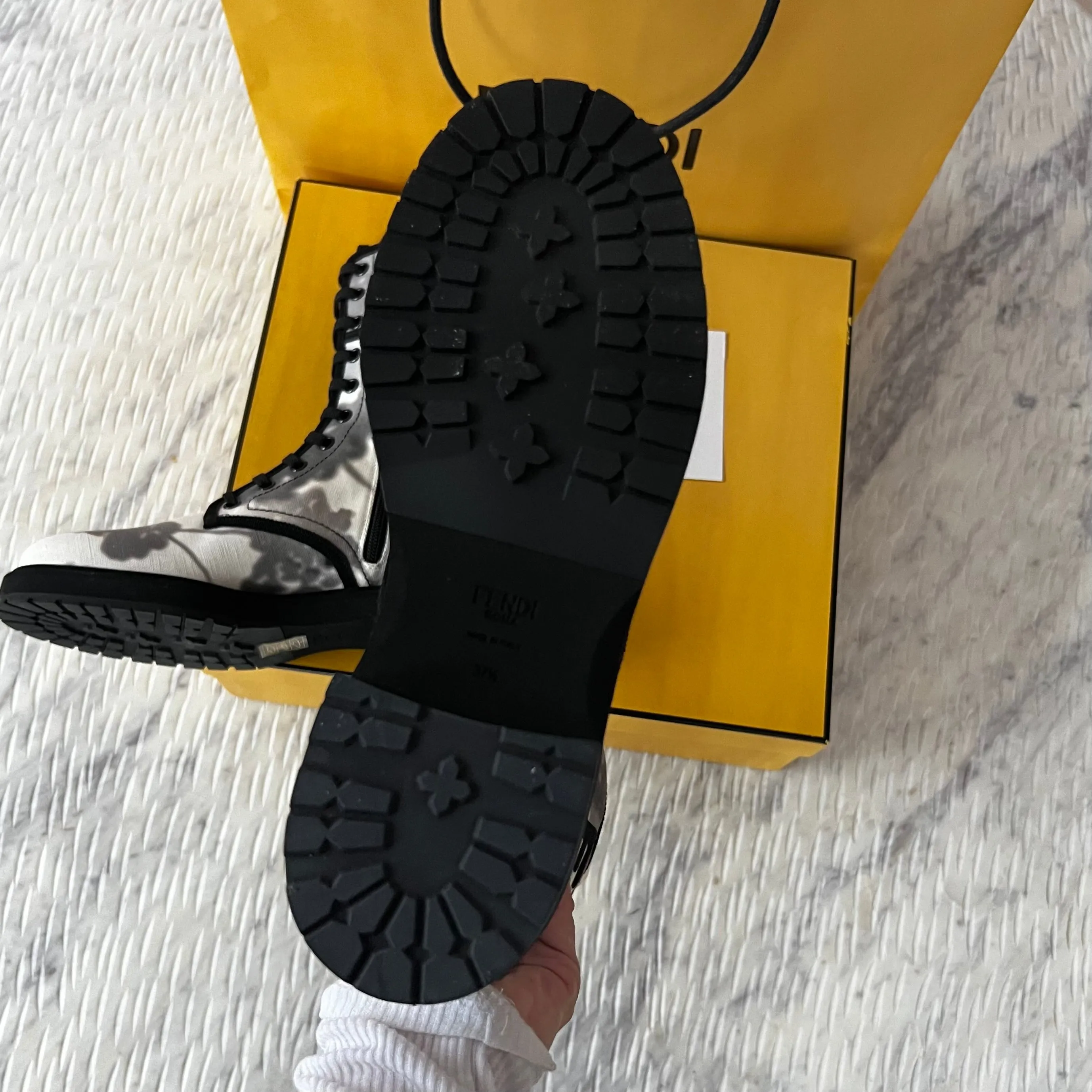 Fendi Grey Canvas Biker Boots Size 7.5