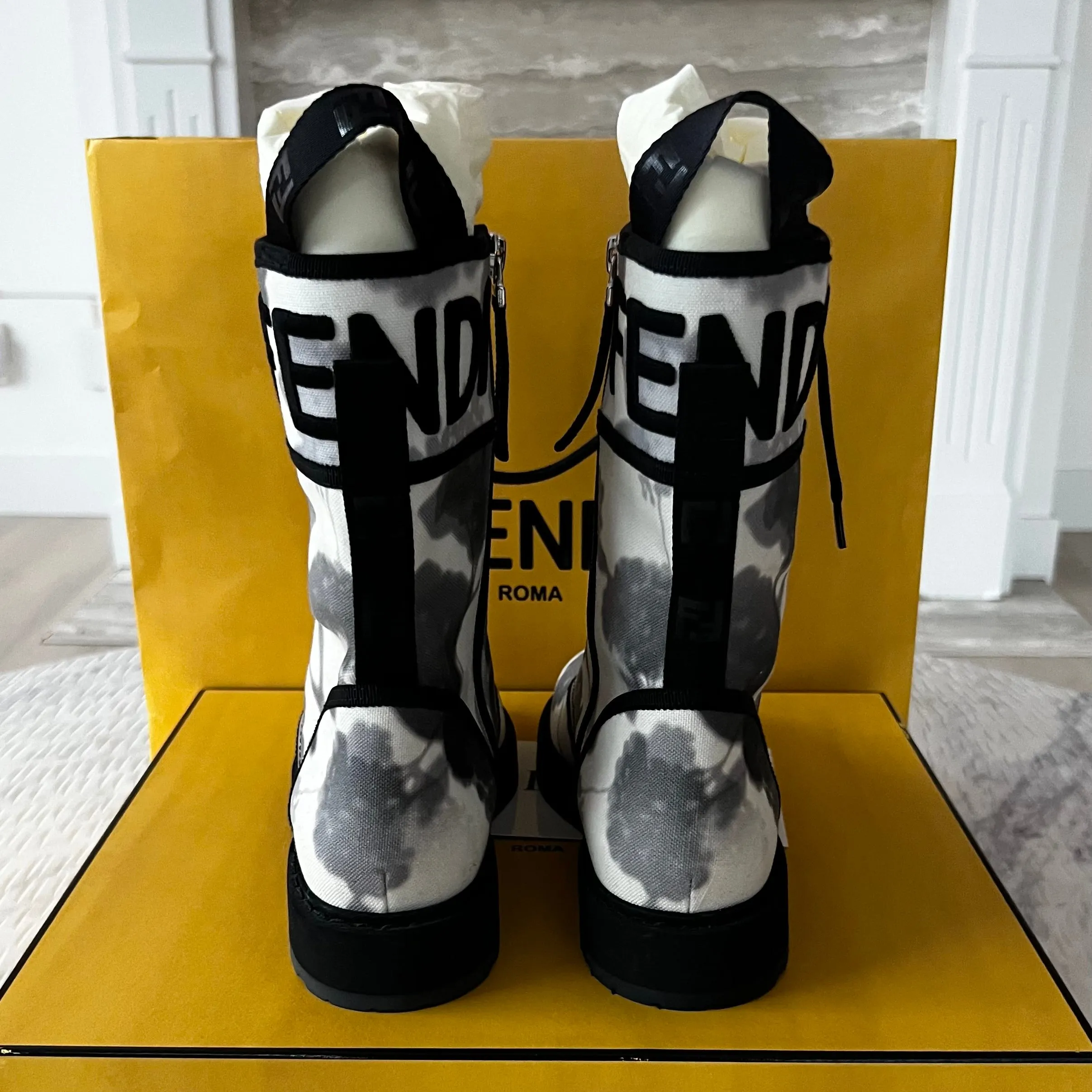 Fendi Grey Canvas Biker Boots Size 7.5