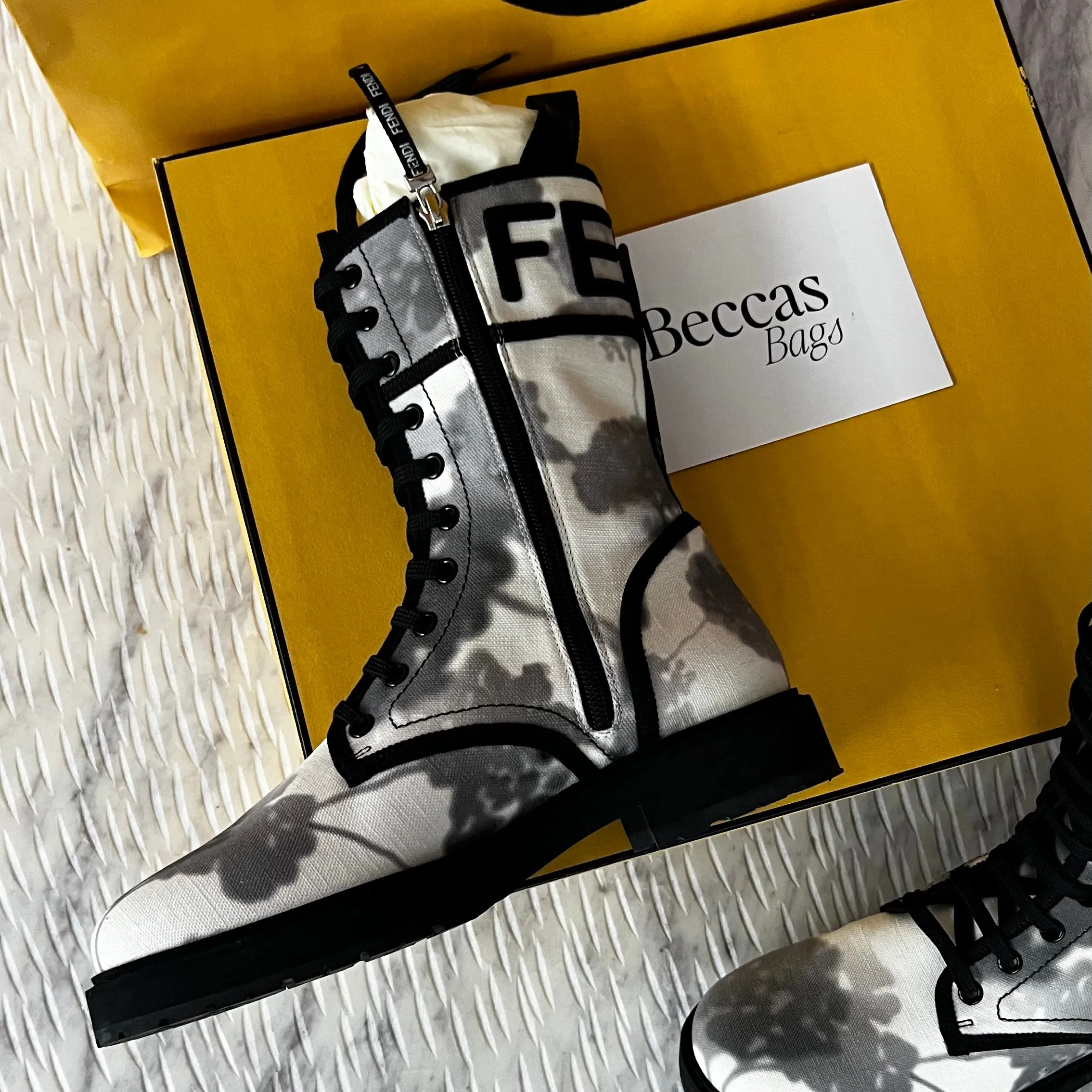 Fendi Grey Canvas Biker Boots Size 7.5