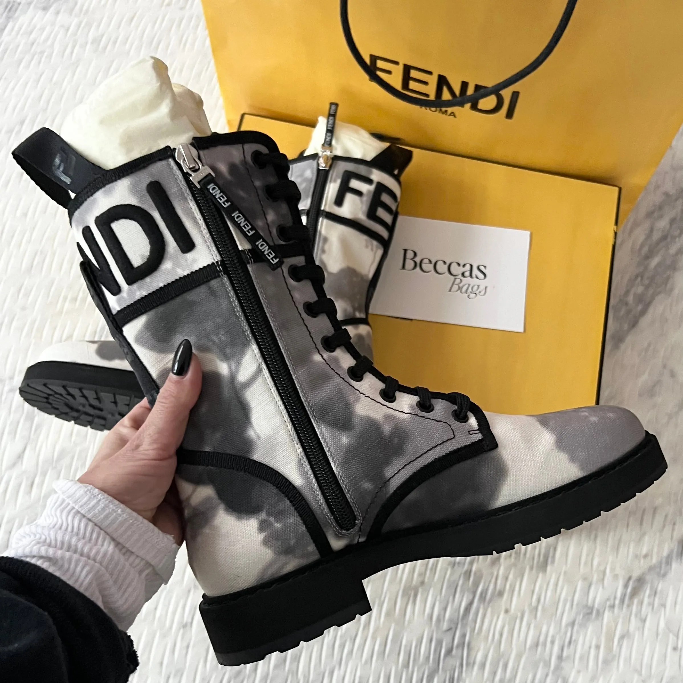 Fendi Grey Canvas Biker Boots Size 7.5