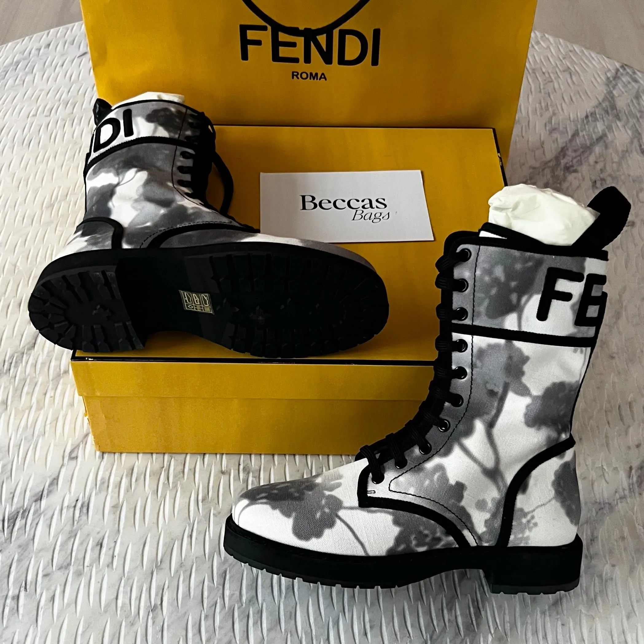 Fendi Grey Canvas Biker Boots Size 7.5