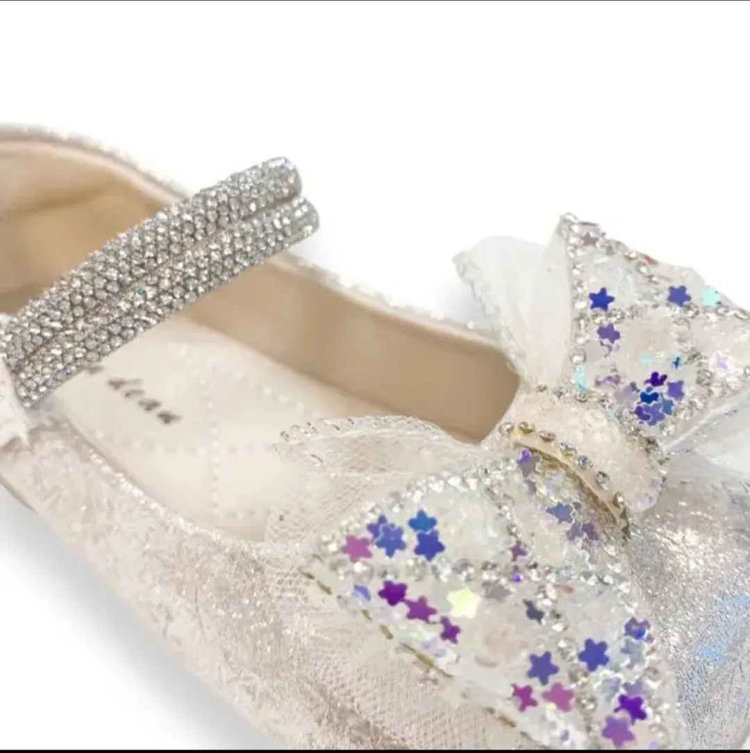 Girls Dress shoes Sparkly, White Bow  and Glitter  Casual Shoes