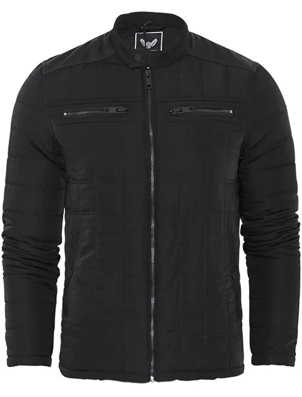 Rajan Zip Through Soft Quilted Biker Jacket in Black