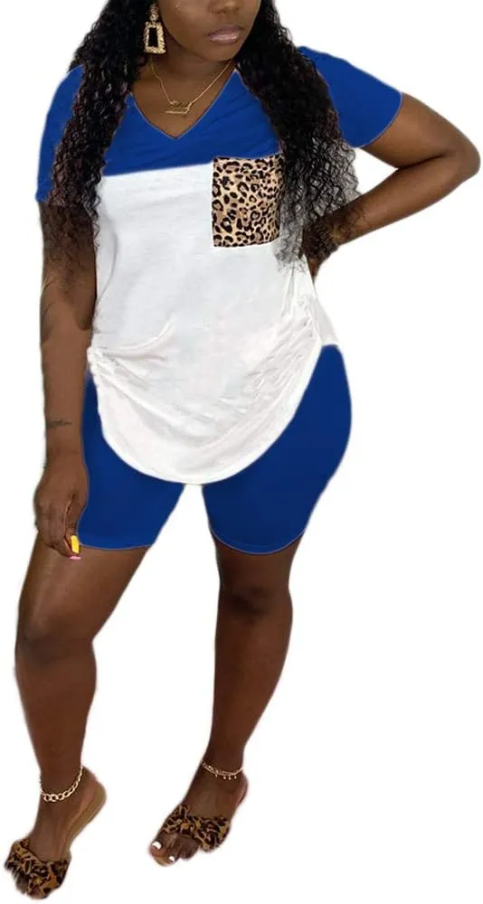 Two Piece V Neck Color Block Leopard Pockets Top Biker Shorts Set