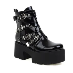 Women's Round Toe Buckle Straps Block Heel Platform Short Boots