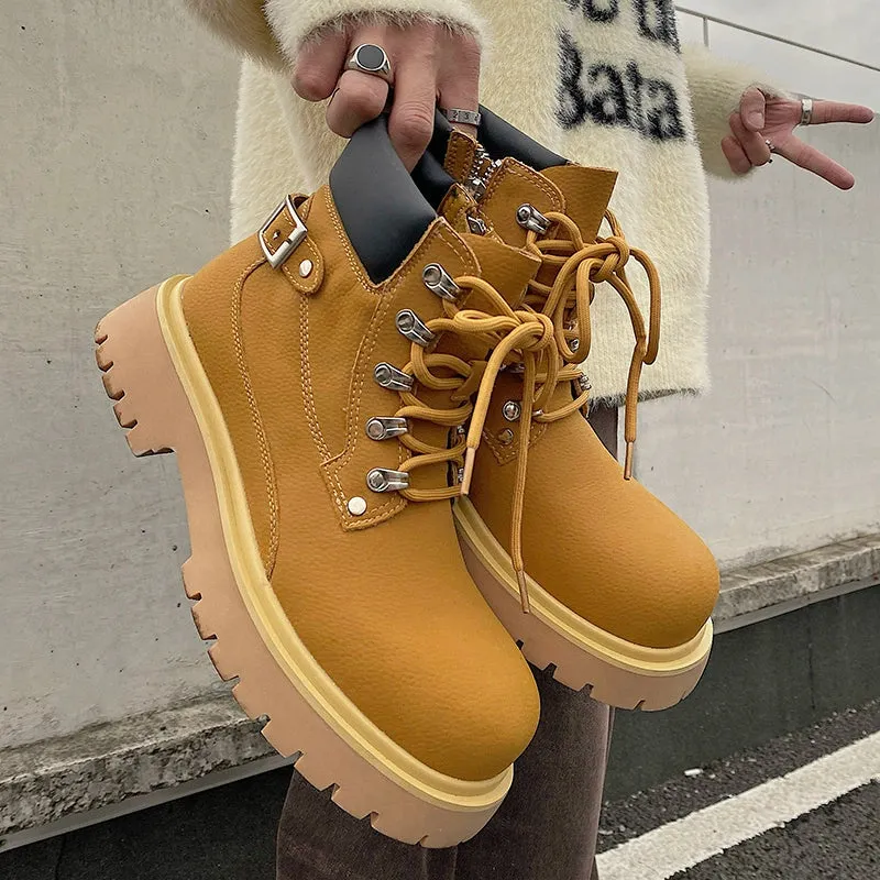 Yellow Martin Buckle Leather Boots