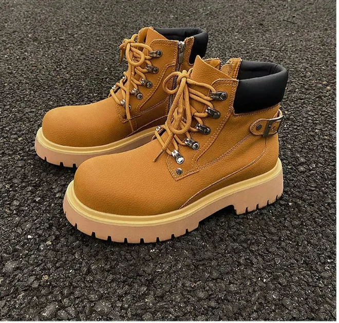 Yellow Martin Buckle Leather Boots