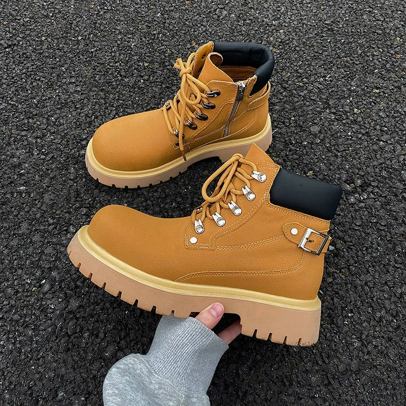 Yellow Martin Buckle Leather Boots