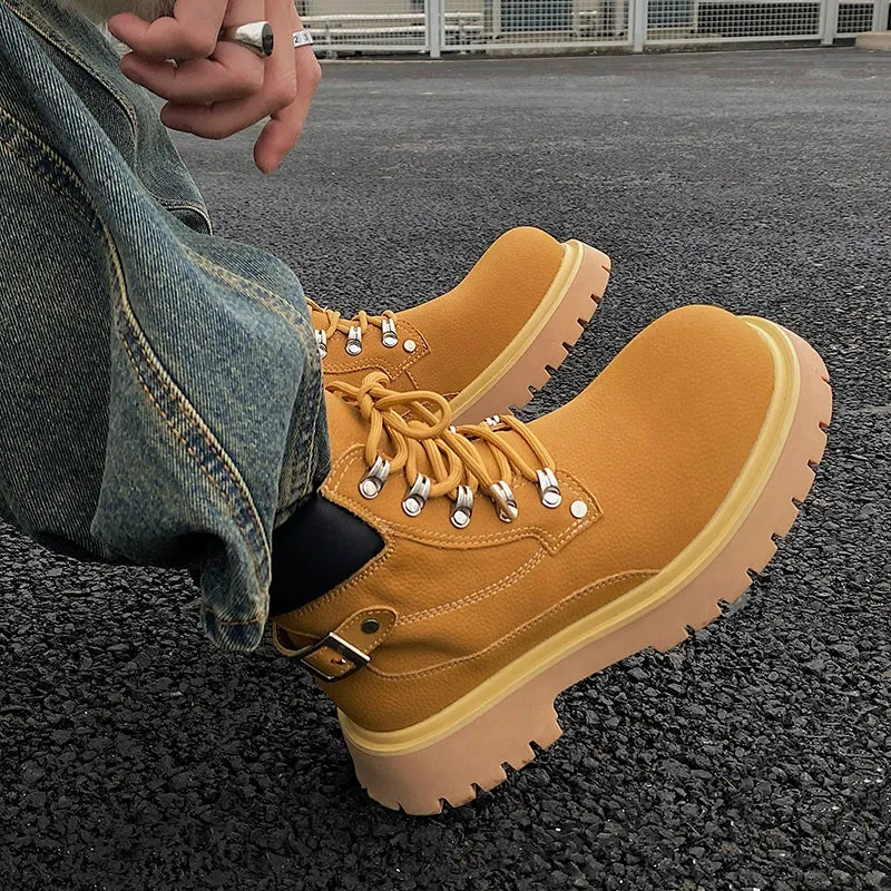 Yellow Martin Buckle Leather Boots